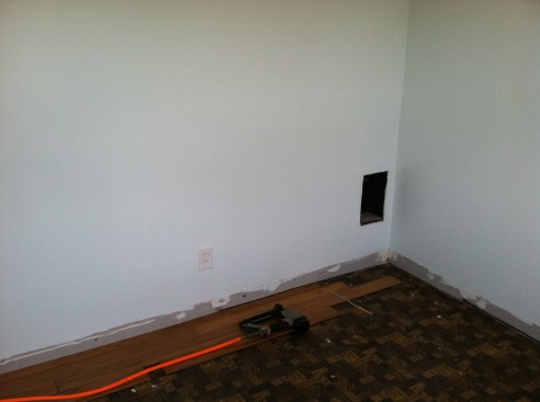 I popped off all of the baseboard and painted walls a very, very pale blue.