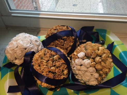 I had to fill in a bald spot with crepe paper flowers, which I then painted to make them blend in.